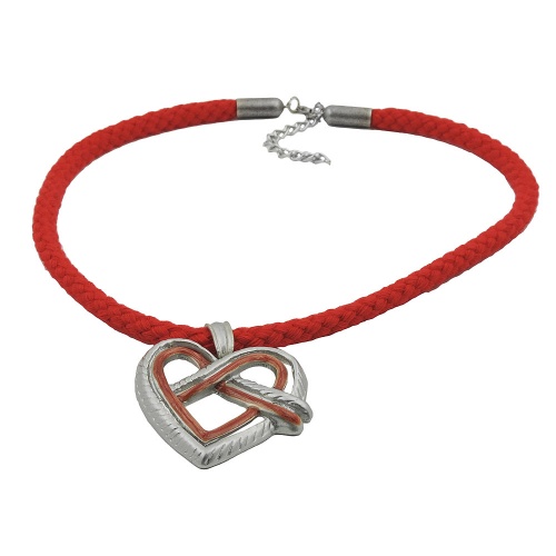 Kette Landhaus-Stil Anh?nger Metallguss Herzbrezel rot-silbergrau Kordel rot 45cm