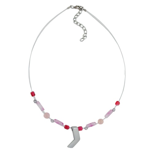 Kette Drahtkette mit Glasperlen rosa silbergrau-matt und Anh?nger Zinnguss 42cm