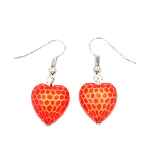 Ohrhaken Ohrh?nger Ohrringe 35x15mm Herz mit Schliff Kunststoffperle orange-rot