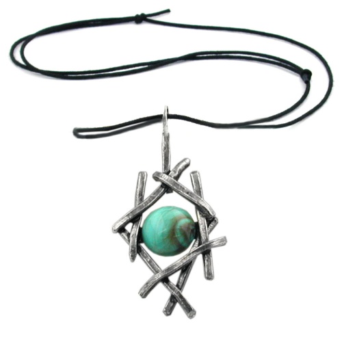 Kette 79x37mm Zinn-Anh?nger Gitter mit t?rkis-Einlage Kunststoff 90cm
