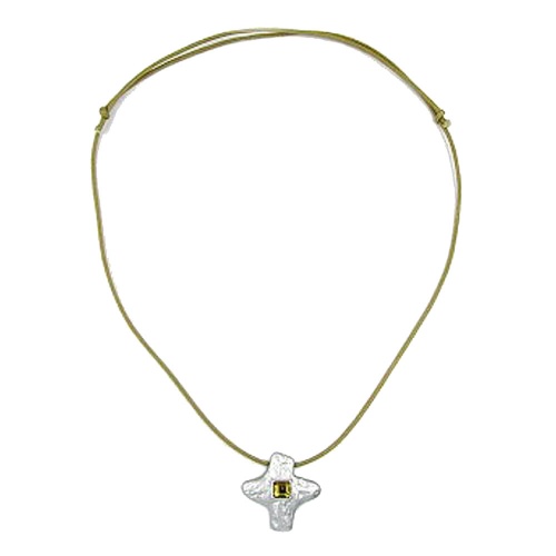 Kette Anh?nger Kreuz Metallguss matt-silberfarben Glasstein Kordel oliv 70cm