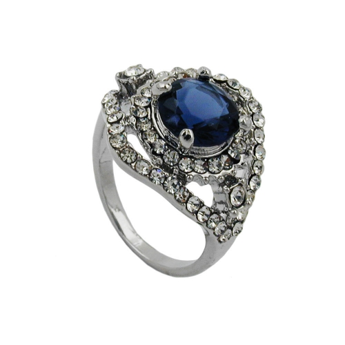 Ring, blauer Glasstein, rhodiniert