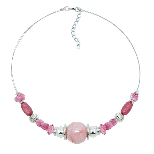 Kette Drahtkette gro?e Perle rosa altrosa silberfarben Kunststoffperlen 45cm