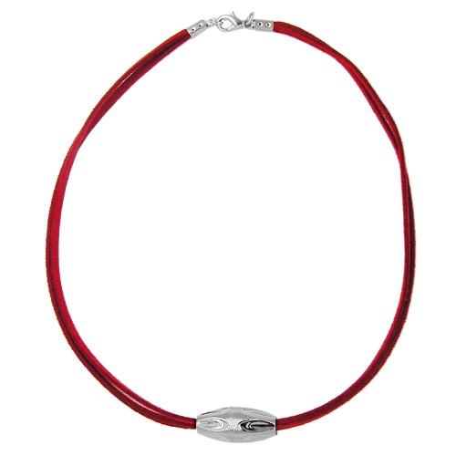 Kette Kunststoffperle Rillenolive chromfarben gl?nzend Velourband rot 42cm