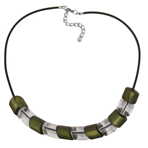 Kette Schr?gperle Kunststoff gr?n-seidig und kristall-transparent Vollgummi schwarz 45cm
