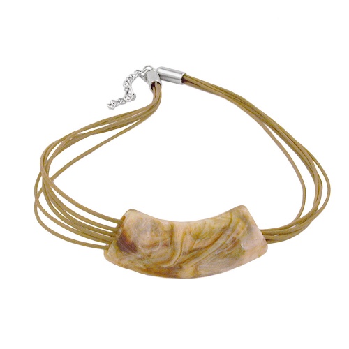 Kette 54x19mm Anh?nger Rohr flach gebogen wei?-oliv-marmoriert gl?nzend Kunststoff 45cm