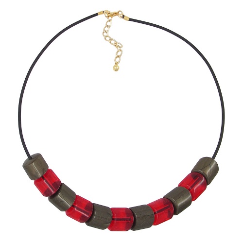 Kette Schr?gperle Kunststoff rot-transparent und schlammfarben Vollgummi schwarz 45cm
