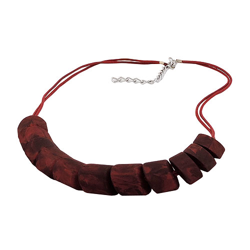 Kette Schr?gperle Kunststoff rot-schwarz-marmoriert Kordel dunkelrot 45cm
