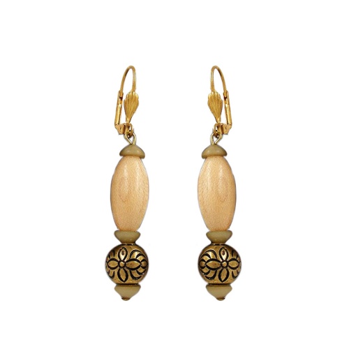 Ohrbrisur Ohrh?nger Ohrringe 55mm goldfarben Holzperle natur und Kunststoffperle altgoldfarben