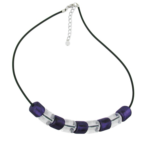 Kette Schr?gperle Kunststoff lila-seidig und kristallklar-transparent Vollgummi schwarz 45cm