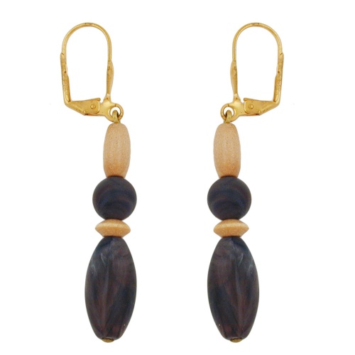 Ohrbrisur Ohrh?nger Ohrringe 60mm goldfarben Holzperlen natur und Kunststoffperlen dunkel-horn