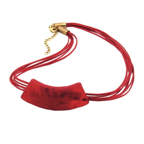 Kette 54x19mm Anh?nger Rohr flach gebogen rot-koralle-marmoriert matt Kunststoff 45cm