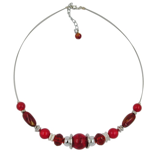 Kette Drahtkette rot seidig-gl?nzend silberfarben Kunststoffperlen 45cm