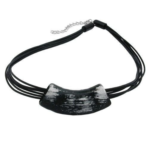 Kette 54x19mm Anh?nger Rohr flach gebogen schwarz-silberstrich gl?nzend Kunststoff 45cm