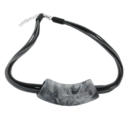 Kette 54x19mm Anh?nger Rohr flach gebogen grau-schwarz-marmoriert matt Kunststoff 45cm