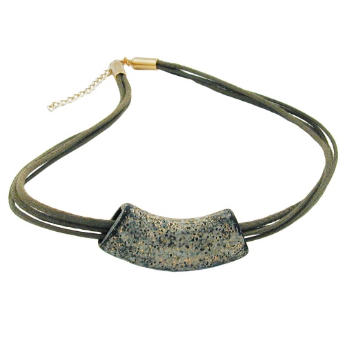 Kette 54x19mm Anh?nger Rohr flach gebogen stein-oliv-gesprenkelt matt Kunststoff 45cm