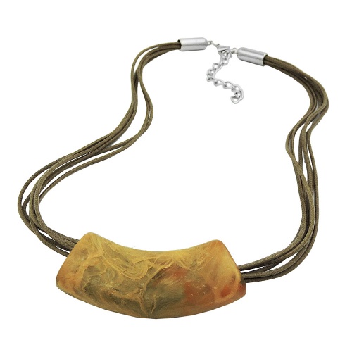 Kette 54x19mm Anh?nger Rohr flach gebogen gelb-oliv-marmoriert matt Kunststoff 45cm