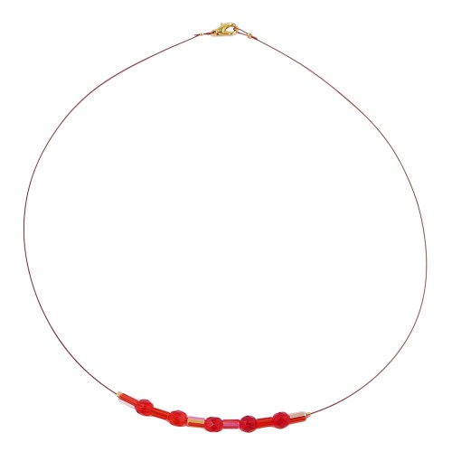Kette Drahtkette mit Glasperlenr?hrchen und Perle in rot-rot AB 40cm