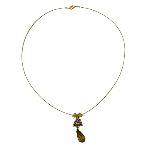 Kette Drahtkette Anh?nger Birne oliv altgoldfarben Ornament Kunststoffperlen 42cm