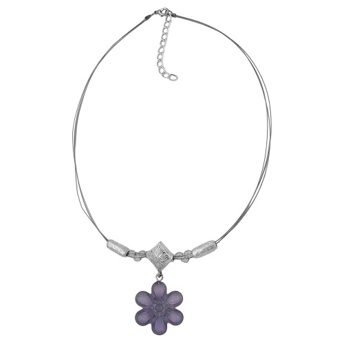 Kette Drahtkette Anh?nger Bl?te grau-transparent silber-matt Kunststoffperlen 42cm