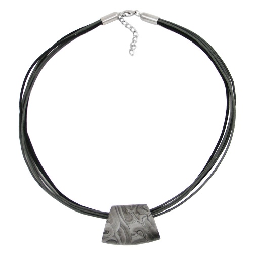 Kette Kunststoffperle Trapez silbergrau-marmoriert gl?nzend Kordel grau-schwarz 45cm