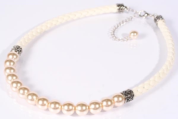 Collier Perlenkette Leder weiss 10mm
