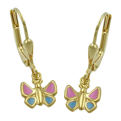 Ohrbrisur Ohrh?nger Ohrringe 22x7mm Schmetterling hellblau-pink 9Kt GOLD