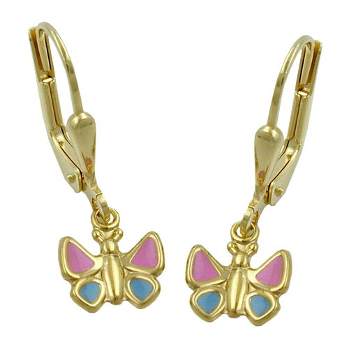 Ohrbrisur Ohrhänger Ohrringe 22x7mm Schmetterling hellblau-pink 9Kt GOLD