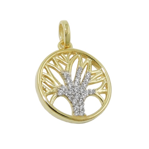 Anh?nger 15mm Baum des Lebens mit Zirkonias 9Kt GOLD