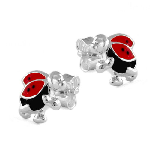 Stecker 10x8mm Kinderohrring Marienk?fer rot-schwarz lackiert Silber 925