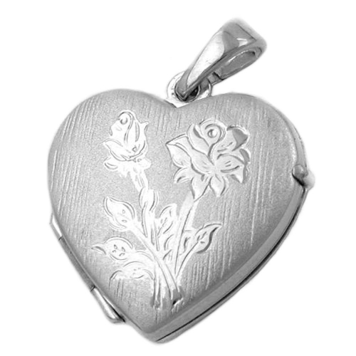 Anhänger 16x17mm Medaillon Herz mit Rose matt-glänzend rhodiniert Silber 925
