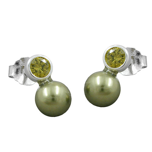 Stecker 11x6mm Zirkonia peridotfarbig Imitatperle olivgrün 925