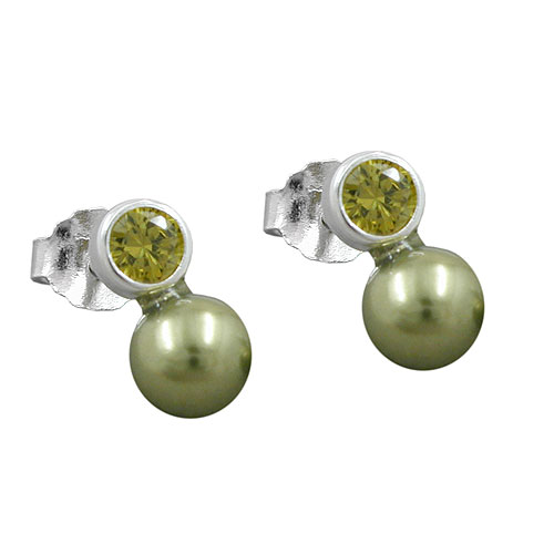 Stecker 7x4mm Zirkonia peridotfarbig Imitatperle olivgrün 925