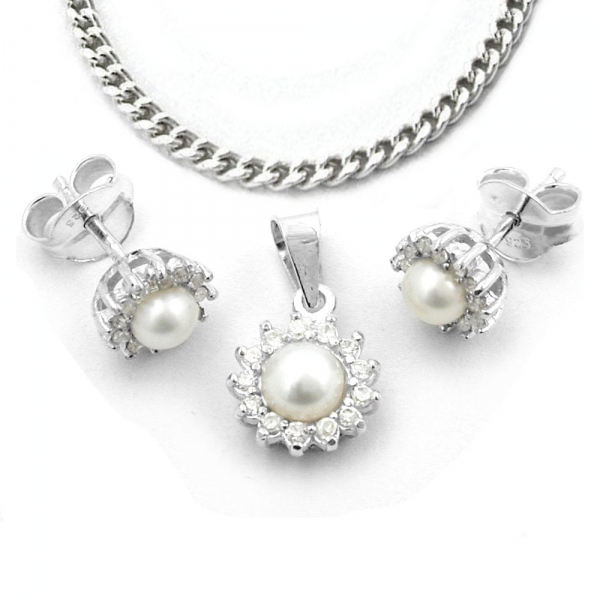 Set Stecker Anh?nger Kette Perle Silber 925