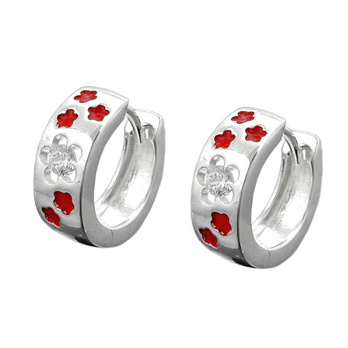 Creole 12x5mm Klappscharnier rote Blumen wei?er Zirkonia Silber 925