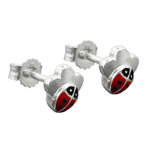 Stecker 6mm Kinderohrring Marienk?fer auf Blume Silber 925