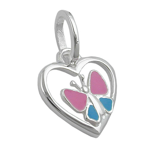 Anhänger 11mm Herz mit Schmetterling hellblau-pink Silber 925