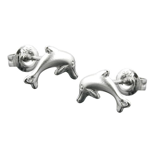 Stecker 10x5mm springender Delfin matt-glänzend rhodiniert Silber 925