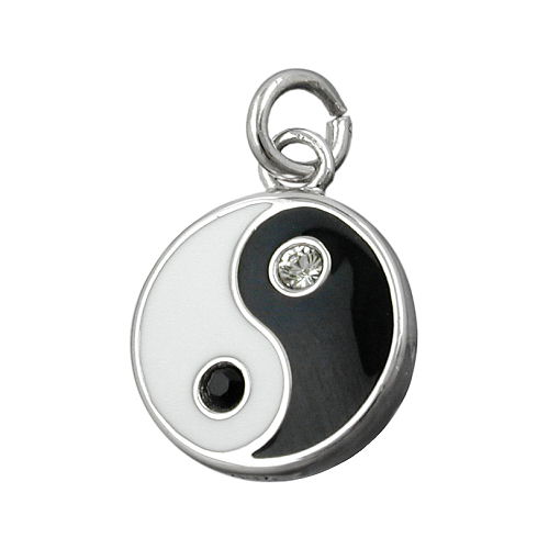 Anhänger Charm 12mm Yin Yang schwarz weiß lackiert und Glassteine Silber 925