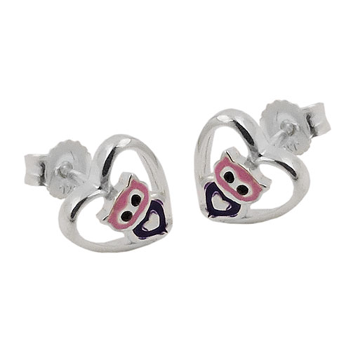 Stecker 8mm kleine Eule im Herz lila-pink gl?nzend Silber 925