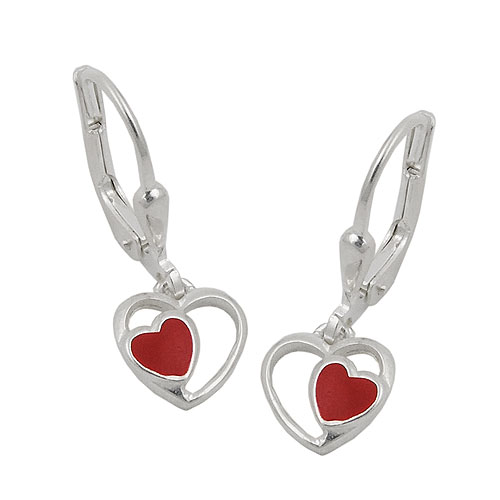 Ohrbrisur Ohrhänger Ohrringe 21x8mm Herz im Herz rot lackiert Silber 925