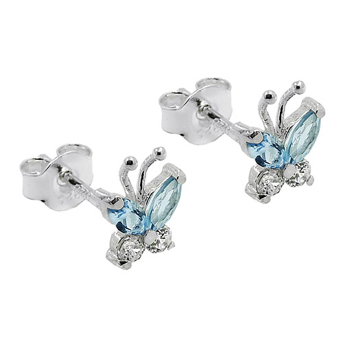 Stecker 7x6mm Schmetterling Zirkonia wei? und synthetischer Aquamarin Silber 925