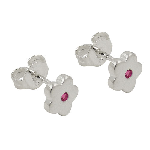 Stecker 6mm Kinderohrring Blume mit synthetischem Rubin pink farbig Silber 925