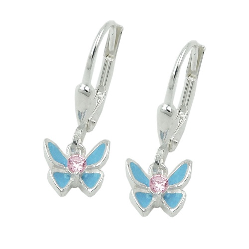 Ohrbrisur Ohrhänger Ohrringe 20x7mm Schmetterling hellblau lackiert mit Zirkonia pink Silber 925
