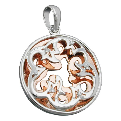 Anh?nger 22mm gl?nzend rhodiniert bicolor mit Rotgold Silber 925