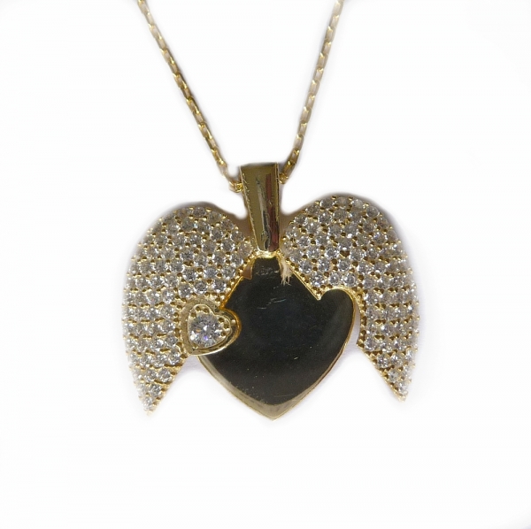 Collier Kette Herzanh?nger Gravurplatte Zirkonia 40+3cm Silber 925 vergoldet