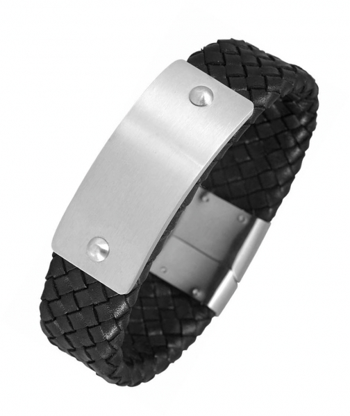Armband Leder schwarz Edelstahl Gravurplatte 21,5cm
