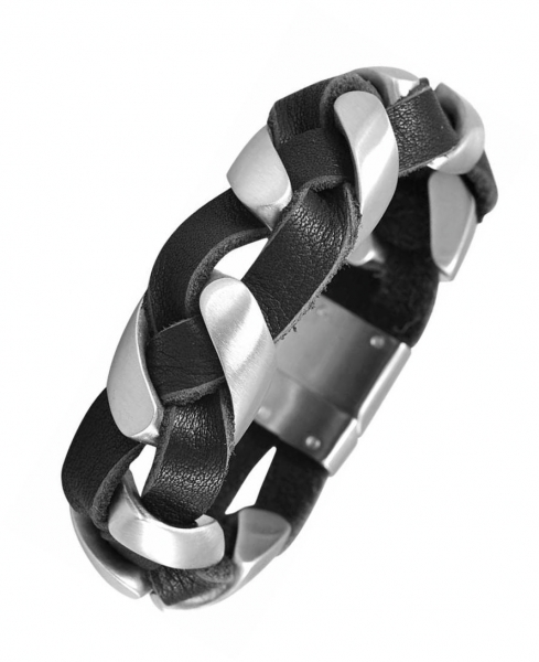 Armband Leder geflochten schwarz Edelstahl