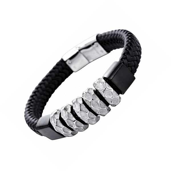 Armband Leder geflochten black-grey Edelstahl Elemente