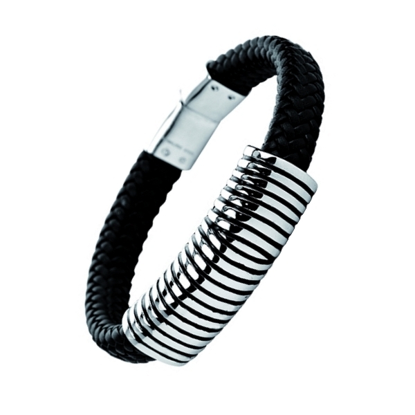 Armband Leder geflochten black-grey Edelstahl Platte